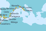 Visitando Lisboa (Portugal), Portimao (Portugal), Casablanca (Marruecos), Tánger (Marruecos), Cádiz (España), Sevilla (España), Sevilla (España), Gibraltar (Inglaterra), Málaga, Cartagena (Murcia), Valencia, Barcelona, Marsella (Francia), Niza (Francia), Niza (Francia), La Spezia, Florencia y Pisa (Italia), Livorno, Pisa y Florencia (Italia), Livorno, Pisa y Florencia (Italia), Civitavecchia (Roma)