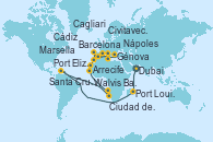 Visitando Dubai, Dubai, Port Louis  (Mauricio), Port Elizabeth (San Vicente y Granadinas), Ciudad del Cabo (Sudáfrica), Walvis Bay (Namibia), Walvis Bay (Namibia), Arrecife (Lanzarote/España), Santa Cruz de Tenerife (España), Cádiz (España), Barcelona, Génova (Italia), Marsella (Francia), Barcelona, Cagliari (Cerdeña), Nápoles (Italia), Civitavecchia (Roma)