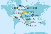 Visitando Savona (Italia), Marsella (Francia), Barcelona, Málaga, Cádiz (España), Santa Cruz de Tenerife (España), Walvis Bay (Namibia), Ciudad del Cabo (Sudáfrica), Port Elizabeth (San Vicente y Granadinas), Port Elizabeth (San Vicente y Granadinas), Port Louis  (Mauricio), Muscat (Omán), Dubai