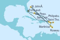 Visitando Fort Lauderdale (Florida/EEUU), Isla Pequeña (San Salvador/Bahamas), Saint Thomas (Islas Vírgenes), St. John´s (Antigua y Barbuda), Martinica (Antillas), Roseau (Dominica), San Cristóbal y Nieves, Philipsburg (St. Maarten), Fort Lauderdale (Florida/EEUU)