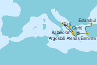 Visitando Atenas (Grecia), Katakolon (Olimpia/Grecia), Corfú (Grecia), Argostoli (Grecia), Bari (Italia), Atenas (Grecia), Esmirna (Turquía), Estambul (Turquía)