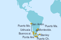 Visitando Buenos aires, Buenos aires, Montevideo (Uruguay), Montevideo (Uruguay), Puerto Madryn (Argentina), Stanley (Malvinas), Ushuaia (Argentina), Punta Arenas (Chile), Puerto Chacabuco (Chile), Puerto Montt (Chile), San Antonio (Chile)