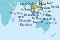 Visitando Singapur, Ko Samui (Tailandia), Laem Chabang (Bangkok/Thailandia), Laem Chabang (Bangkok/Thailandia), Sihanoukville (Camboya), Ciudad Ho Chi Minh (Vietnam), Nha Trang (Vietnam), Da Nang (Vietnam), Hanoi (Vietnam), Hong Kong (China), Puerto Princesa Palawan (Filipinas), Boracay (Filipinas), Manila (Filipinas), Kaohsiung (Taiwán), Keelung (Taiwán), Ishigaki (Japón), Naha (Japón), Osaka (Japón), Tokio (Japón)