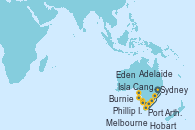 Visitando Sydney (Australia), Phillip Island, Melbourne (Australia), Burnie (Tasmania/Australia), Adelaide (Australia), Isla Canguro (Australia), Hobart (Australia), Port Arthur (Tasmania/Australia), Eden (Nueva Gales), Sydney (Australia)