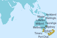 Visitando Sydney (Australia), Melbourne (Australia), Hobart (Australia), Milfjord Sound (Nueva Zelanda), Port Chalmers (Nueva Zelanda), Timaru (Nueva Zelanda), Lyttelton (Nueva Zelanda), Wellington (Nueva Zelanda), Napier (Nueva Zelanda), Tauranga (Nueva Zelanda), Auckland (Nueva Zelanda)