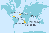 Visitando Dubai, Dubai, Port Louis  (Mauricio), Port Elizabeth (San Vicente y Granadinas), Ciudad del Cabo (Sudáfrica), Walvis Bay (Namibia), Walvis Bay (Namibia), Arrecife (Lanzarote/España), Santa Cruz de Tenerife (España)