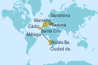 Visitando Savona (Italia), Marsella (Francia), Barcelona, Málaga, Cádiz (España), Santa Cruz de Tenerife (España), Walvis Bay (Namibia), Ciudad del Cabo (Sudáfrica)