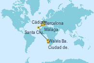 Visitando Barcelona, Málaga, Cádiz (España), Santa Cruz de Tenerife (España), Walvis Bay (Namibia), Ciudad del Cabo (Sudáfrica)