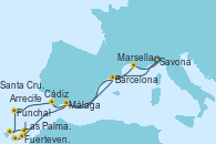 Visitando Savona (Italia), Málaga, Fuerteventura (Canarias/España), Las Palmas de Gran Canaria (España), Arrecife (Lanzarote/España), Santa Cruz de Tenerife (España), Funchal (Madeira), Cádiz (España), Barcelona, Marsella (Francia), Savona (Italia)
