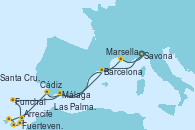 Visitando Savona (Italia), Málaga, Funchal (Madeira), Fuerteventura (Canarias/España), Arrecife (Lanzarote/España), Las Palmas de Gran Canaria (España), Santa Cruz de Tenerife (España), Cádiz (España), Barcelona, Marsella (Francia), Savona (Italia)
