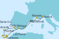 Visitando Barcelona, Marsella (Francia), Savona (Italia), Málaga, Fuerteventura (Canarias/España), Las Palmas de Gran Canaria (España), Arrecife (Lanzarote/España), Santa Cruz de Tenerife (España), Funchal (Madeira), Cádiz (España), Barcelona