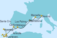 Visitando Barcelona, Marsella (Francia), Savona (Italia), Málaga, Funchal (Madeira), Fuerteventura (Canarias/España), Arrecife (Lanzarote/España), Las Palmas de Gran Canaria (España), Santa Cruz de Tenerife (España), Cádiz (España), Barcelona