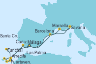 Visitando Málaga, Funchal (Madeira), Fuerteventura (Canarias/España), Arrecife (Lanzarote/España), Las Palmas de Gran Canaria (España), Santa Cruz de Tenerife (España), Cádiz (España), Barcelona, Marsella (Francia), Savona (Italia), Málaga