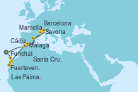 Visitando Funchal (Madeira), Cádiz (España), Barcelona, Marsella (Francia), Savona (Italia), Málaga, Fuerteventura (Canarias/España), Las Palmas de Gran Canaria (España), Santa Cruz de la Palma (España), Funchal (Madeira)