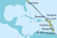 Visitando Bridgetown (Barbados), Castries (Santa Lucía/Caribe), Roseau (Dominica), Basseterre (Antillas), Charleston (Carolina del Sur), Philipsburg (St. Maarten), Gustavia (Antillas Francesas), San Juan (Puerto Rico)