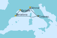 Visitando Civitavecchia (Roma), Génova (Italia), Marsella (Francia), Génova (Italia), Marsella (Francia), Barcelona, Civitavecchia (Roma)