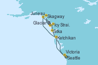 Visitando Seattle (Washington/EEUU), Ketchikan (Alaska), Juneau (Alaska), Glaciar Bay (Alaska), Skagway (Alaska), Sitka (Alaska), Icy Strait Point (Alaska), Victoria (Canadá), Seattle (Washington/EEUU)