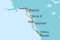 Visitando Seattle (Washington/EEUU), Sitka (Alaska), Juneau (Alaska), Skagway (Alaska), Glaciar Bay (Alaska), Ketchikan (Alaska), Victoria (Canadá), Seattle (Washington/EEUU)