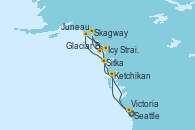 Visitando Seattle (Washington/EEUU), Ketchikan (Alaska), Sitka (Alaska), Juneau (Alaska), Glaciar Bay (Alaska), Icy Strait Point (Alaska), Skagway (Alaska), Victoria (Canadá), Seattle (Washington/EEUU)