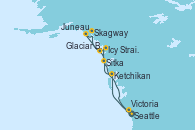 Visitando Seattle (Washington/EEUU), Ketchikan (Alaska), Sitka (Alaska), Glaciar Bay (Alaska), Icy Strait Point (Alaska), Skagway (Alaska), Juneau (Alaska), Victoria (Canadá), Seattle (Washington/EEUU)