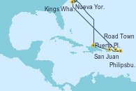 Visitando Nueva York (Estados Unidos), Puerto Plata, Republica Dominicana, San Juan (Puerto Rico), Philipsburg (St. Maarten), Road Town (Isla Tórtola/Islas Vírgenes), Kings Wharf (Bermudas), Nueva York (Estados Unidos)