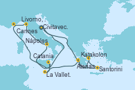 Visitando Civitavecchia (Roma), Santorini (Grecia), Atenas (Grecia), Katakolon (Olimpia/Grecia), La Valletta (Malta), Catania (Sicilia), Nápoles (Italia), Livorno, Pisa y Florencia (Italia), Cannes (Francia), Civitavecchia (Roma)