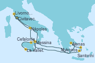 Visitando Civitavecchia (Roma), Santorini (Grecia), Mykonos (Grecia), Atenas (Grecia), Cefalonia (Grecia), La Valletta (Malta), Messina (Sicilia), Nápoles (Italia), Livorno, Pisa y Florencia (Italia), Civitavecchia (Roma)