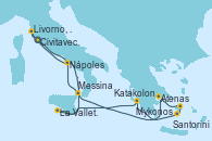Visitando Civitavecchia (Roma), Atenas (Grecia), Mykonos (Grecia), Santorini (Grecia), Katakolon (Olimpia/Grecia), La Valletta (Malta), Messina (Sicilia), Nápoles (Italia), Livorno, Pisa y Florencia (Italia), Civitavecchia (Roma)