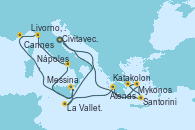 Visitando Civitavecchia (Roma), Mykonos (Grecia), Atenas (Grecia), Santorini (Grecia), Katakolon (Olimpia/Grecia), La Valletta (Malta), Messina (Sicilia), Nápoles (Italia), Livorno, Pisa y Florencia (Italia), Cannes (Francia), Civitavecchia (Roma)