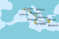Visitando Civitavecchia (Roma), Santorini (Grecia), Atenas (Grecia), Mykonos (Grecia), La Valletta (Malta), Siracusa (Sicilia), Salerno (Italia), Livorno, Pisa y Florencia (Italia), Cannes (Francia), Civitavecchia (Roma)