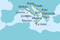 Visitando Trieste (Italia), Koper (Eslovenia), Split (Croacia), Dubrovnik (Croacia), Kotor (Montenegro), Corfú (Grecia), La Valletta (Malta), Messina (Sicilia), Nápoles (Italia), Livorno, Pisa y Florencia (Italia), Villefranche (Niza/Mónaco/Francia), Civitavecchia (Roma)