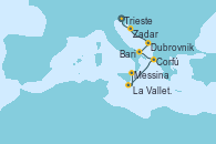 Visitando Trieste (Italia), Zadar (Croacia), Dubrovnik (Croacia), Bari (Italia), Corfú (Grecia), La Valletta (Malta), Messina (Sicilia)