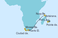 Visitando Port Louis  (Mauricio), Pointe des Galets (Francia), Antsiranana (Diego Suarez/Madagascar), Nosy Be (Madagascar), Puerto Elizabeth (Sudáfrica), Puerto Elizabeth (Sudáfrica), Mossel Bay (Sudáfrica), Ciudad del Cabo (Sudáfrica)