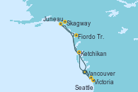 Visitando Vancouver (Canadá), Ketchikan (Alaska), Fiordo Tracy Arm (Alaska), Juneau (Alaska), Skagway (Alaska), Victoria (Canadá), Seattle (Washington/EEUU)