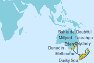 Visitando Sydney (Australia), Eden (Nueva Gales), Melbourne (Australia), Melbourne (Australia), Milfjord Sound (Nueva Zelanda), Doubtful Sound (Nueva Zelanda), Dusky Sound (Nueva Zelanda), Dunedin (Nueva Zelanda), Tauranga (Nueva Zelanda), Bahía de las Islas (Nueva Zelanda), Sydney (Australia)