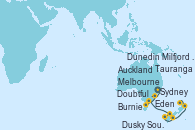 Visitando Sydney (Australia), Eden (Nueva Gales), Burnie (Tasmania/Australia), Melbourne (Australia), Milfjord Sound (Nueva Zelanda), Doubtful Sound (Nueva Zelanda), Dusky Sound (Nueva Zelanda), Dunedin (Nueva Zelanda), Tauranga (Nueva Zelanda), Auckland (Nueva Zelanda)