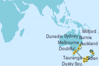 Visitando Auckland (Nueva Zelanda), Tauranga (Nueva Zelanda), Dunedin (Nueva Zelanda), Milfjord Sound (Nueva Zelanda), Dusky Sound (Nueva Zelanda), Doubtful Sound (Nueva Zelanda), Melbourne (Australia), Burnie (Tasmania/Australia), Eden (Nueva Gales), Sydney (Australia)