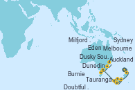 Visitando Auckland (Nueva Zelanda), Tauranga (Nueva Zelanda), Dunedin (Nueva Zelanda), Milfjord Sound (Nueva Zelanda), Doubtful Sound (Nueva Zelanda), Dusky Sound (Nueva Zelanda), Melbourne (Australia), Burnie (Tasmania/Australia), Eden (Nueva Gales), Sydney (Australia)