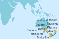 Visitando Sydney (Australia), Eden (Nueva Gales), Burnie (Tasmania/Australia), Melbourne (Australia), Milfjord Sound (Nueva Zelanda), Dusky Sound (Nueva Zelanda), Doubtful Sound (Nueva Zelanda), Dunedin (Nueva Zelanda), Tauranga (Nueva Zelanda), Auckland (Nueva Zelanda)