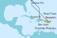 Visitando Nueva York (Estados Unidos), Puerto Plata, Republica Dominicana, San Juan (Puerto Rico), Basseterre (Antillas), Road Town (Isla Tórtola/Islas Vírgenes), Philipsburg (St. Maarten), Charlotte Amalie (St. Thomas), Nueva York (Estados Unidos)