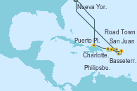 Visitando Nueva York (Estados Unidos), Puerto Plata, Republica Dominicana, San Juan (Puerto Rico), Basseterre (Antillas), Philipsburg (St. Maarten), Charlotte Amalie (St. Thomas), Road Town (Isla Tórtola/Islas Vírgenes), Nueva York (Estados Unidos)