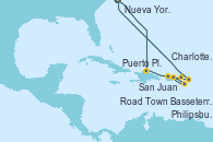 Visitando Nueva York (Estados Unidos), Puerto Plata, Republica Dominicana, San Juan (Puerto Rico), Basseterre (Antillas), Charlotte Amalie (St. Thomas), Road Town (Isla Tórtola/Islas Vírgenes), Philipsburg (St. Maarten), Nueva York (Estados Unidos)