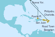 Visitando Nueva York (Estados Unidos), Puerto Plata, Republica Dominicana, San Juan (Puerto Rico), Charlotte Amalie (St. Thomas), Road Town (Isla Tórtola/Islas Vírgenes), Basseterre (Antillas), Philipsburg (St. Maarten), Nueva York (Estados Unidos)