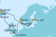 Visitando Southampton (Inglaterra), Le Havre (Francia), Belfast (Irlanda), Reykjavik (Islandia), Reykjavik (Islandia), Ísafjörður (Islandia), Akureyri (Islandia), Geiranger (Noruega), Bergen (Noruega), Stavanger (Noruega), Southampton (Inglaterra)