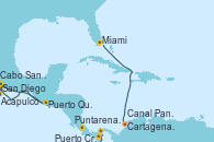 Visitando San Diego (California/EEUU), Cabo San Lucas (México), Acapulco (México), Puerto Quetzal (Guatemala), Puntarenas (Costa Rica), Puerto Cristóbal (Panamá), Canal Panamá, Cartagena de Indias (Colombia), Miami (Florida/EEUU)