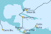 Visitando Miami (Florida/EEUU), Great Stirrup Cay (Bahamas), Cerro Brujo (Isla San Cristóbal/Galápagos), Aruba (Antillas), Colón, Canal Panamá, Colón (Panamá), Puerto Limón (Costa Rica), Gran Caimán (Islas Caimán), Miami (Florida/EEUU)