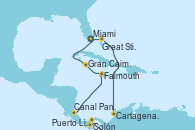 Visitando Miami (Florida/EEUU), Great Stirrup Cay (Bahamas), Cartagena de Indias (Colombia), Canal Panamá, Colón (Panamá), Puerto Limón (Costa Rica), Falmouth (Jamaica), Gran Caimán (Islas Caimán), Miami (Florida/EEUU)