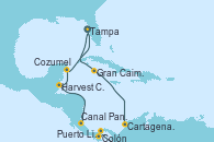 Visitando Tampa (Florida), Gran Caimán (Islas Caimán), Cartagena de Indias (Colombia), Canal Panamá, Colón (Panamá), Puerto Limón (Costa Rica), Harvest Caye (Belize), Cozumel (México), Tampa (Florida)