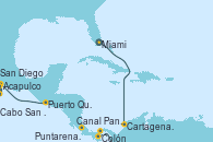 Visitando Miami (Florida/EEUU), Cartagena de Indias (Colombia), Colón (Panamá), Canal Panamá, Puntarenas (Costa Rica), Puerto Quetzal (Guatemala), Acapulco (México), Cabo San Lucas (México), San Diego (California/EEUU)