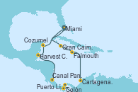 Visitando Miami (Florida/EEUU), Gran Caimán (Islas Caimán), Falmouth (Jamaica), Cartagena de Indias (Colombia), Canal Panamá, Colón (Panamá), Puerto Limón (Costa Rica), Harvest Caye (Belize), Cozumel (México), Miami (Florida/EEUU)